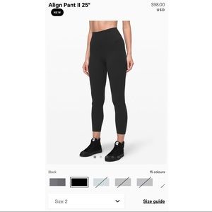 BNWT lululemon Black Align II 25” Pant (Size 2)